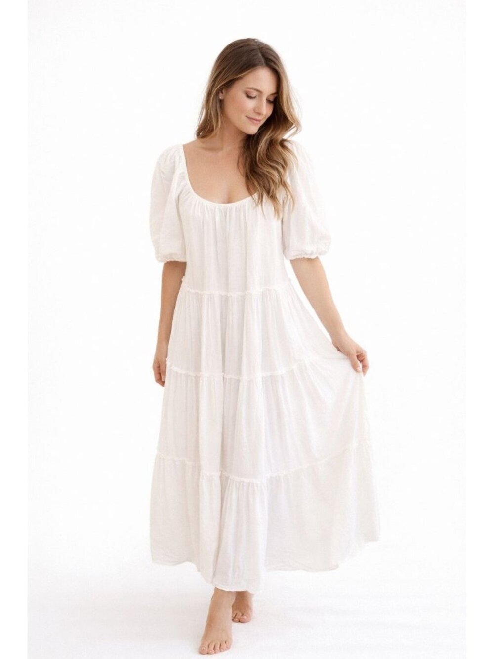 Antonio Melani White Tiered Romantic Cottage Core Maxi Dress Puff Sleeves Women